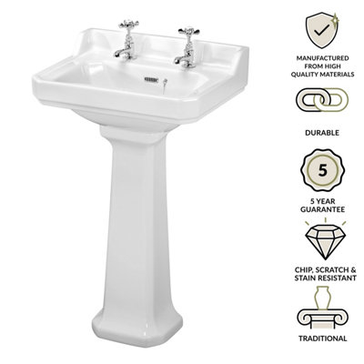 Traditional 2 Tap Hole Ceramic Basin & Full Pedestal - 560mm - 3