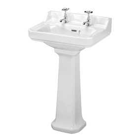 Traditional 2 Tap Hole Ceramic Bathroom Basin Sink & Full Pedestal - 560mm