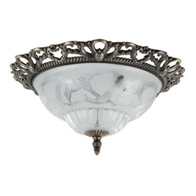 Traditional and Classic Antique Brass and Floral Glass Flush Ceiling Light