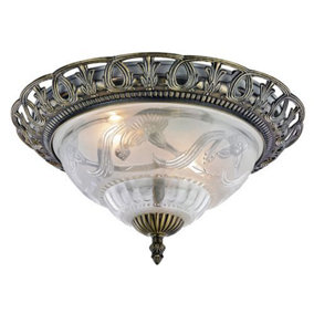 Traditional and Classic Antique Brass and Floral Glass Flush Ceiling Light