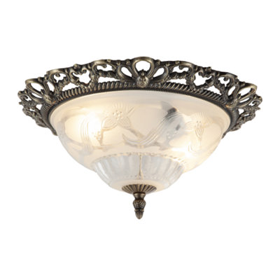 Traditional and Classic Antique Brass and Floral Glass Flush Ceiling Light