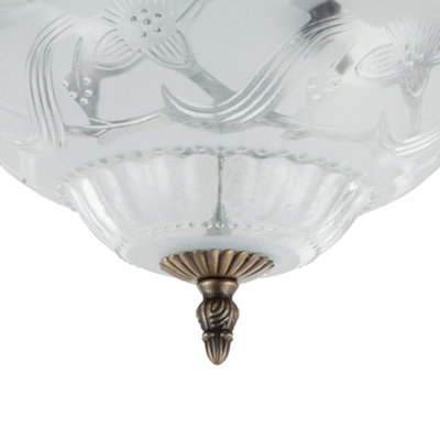 Traditional and Classic Antique Brass and Floral Glass Flush Ceiling Light