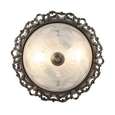 Traditional and Classic Antique Brass and Floral Glass Flush Ceiling Light