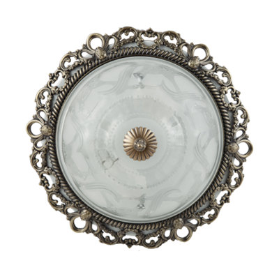 Traditional and Classic Antique Brass and Floral Glass Flush Ceiling Light