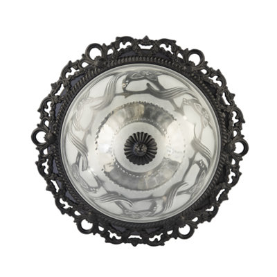 Traditional and Classic Matt Black and Frosted Floral Glass Flush Ceiling Light