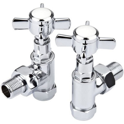 Traditional Angled Chrome Radiator Rad Valves Heated Towel Rail Tap Cross Head (Pair)