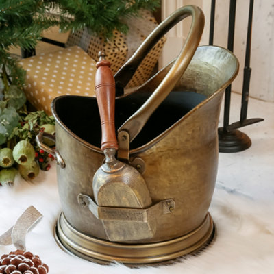 Traditional Antique Brass Fireplace Coal Bucket With Shovel - 3