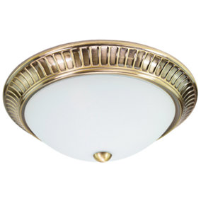Traditional Antique Brass Flush Ceiling Light Fitting with Opal Glass Diffuser