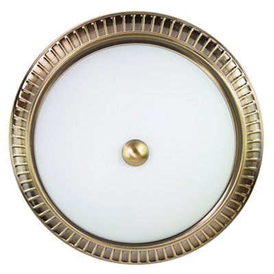 Traditional Antique Brass Flush Ceiling Light Fitting with Opal Glass ...