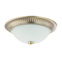 Traditional Antique Brass Flush Ceiling Light Fitting with White Glass Diffuser