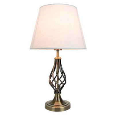 Traditional Antique Brass Table Lamp with Barley Twist Base and Linen Shade