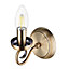 Traditional Antique Brass Wall Light Fitting with Scroll Arm and Pull Switch
