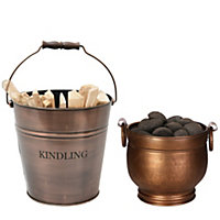 Traditional Antique Copper Kindling Storage Bucket with Round Footed Copper Coal Bucket and Handles
