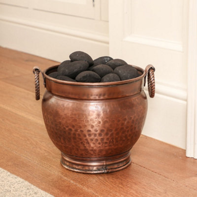 Traditional Antique Copper Kindling Storage Bucket with Round Footed Copper Coal Bucket and Handles - 3