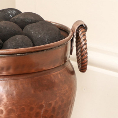 Traditional Antique Copper Kindling Storage Bucket with Round Footed Copper Coal Bucket and Handles - 4