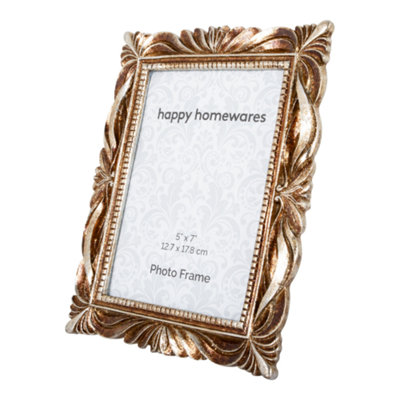 Traditional Antique Gold and Silver Shimmer Resin 5x7 Frame with Floral Border