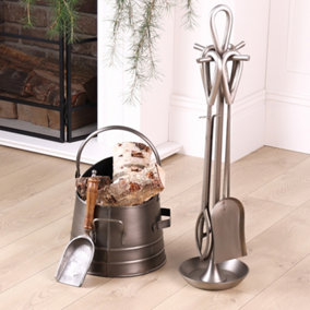 Traditional Antique Pewter 4pc Freestanding Fireside Companion Set with Coal Bucket and Shovel