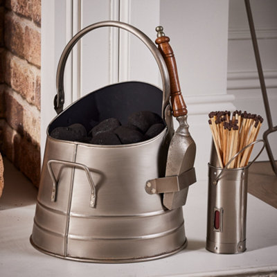 Traditional Antique Style Silver Coal Bucket with Silver Matches Canister Price Comparisons | Compare The Build