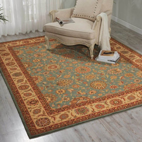 Traditional Aqua Wool Luxurious Bordered Floral Rug For Dining Room Bedroom & Living Room-107cm X 168cm