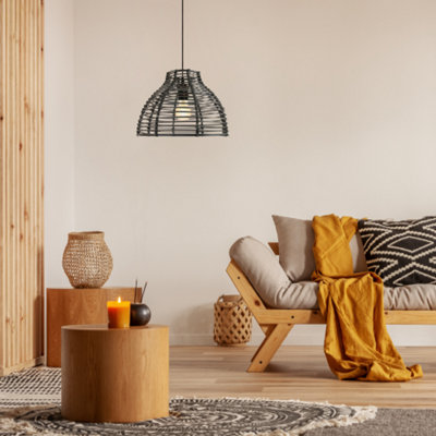 Traditional Basket Style Vintage Black Rattan Wicker Ceiling Pendant Light Shade
