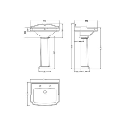 Traditional Bathroom Two Tap Hole Basin with Full Pedestal - 590mm