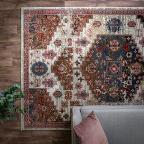 Traditional Beige Persian Bordered Geometric Easy To Clean Rug For Dining Room Bedroom & Living Room-120cm X 170cm