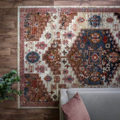 Traditional Beige Persian Bordered Geometric Easy To Clean Rug For Dining Room Bedroom & Living Room-155cm X 230cm