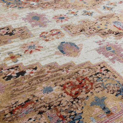 Traditional Beige Persian Bordered Geometric Easy To Clean Rug For Dining Room Bedroom & Living Room-155cm X 230cm
