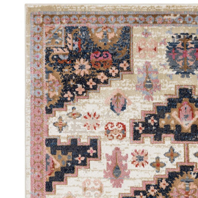 Traditional Beige Persian Bordered Geometric Easy To Clean Rug For Dining Room Bedroom & Living Room-155cm X 230cm