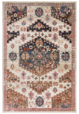 Traditional Beige Persian Bordered Geometric Easy To Clean Rug For Dining Room Bedroom & Living Room-155cm X 230cm