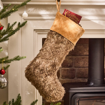 Traditional Beresford Light Brown Faux Fur Xmas Gift Decoration Christmas Stocking