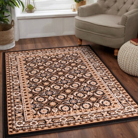 Traditional Black Bordered Floral Rug For Dining Room-60cm X 110cm