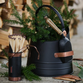 Traditional Black Copper Fireside Coal , Log Storage Bucket with Scoop & Matches Canister