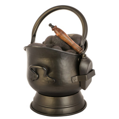 Traditional Black Fireplace Storage Fireside Coal Bucket with Shovel