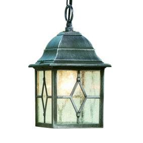 Traditional Black Silver Hanging Porch Chain Lantern Light with Cathedral Glass from Lights4Living