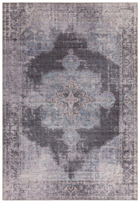 Traditional Blue Persian Abstract Bordered Floral Easy To Clean Rug For Living Room Bedroom & Dining Room-160cm X 230cm