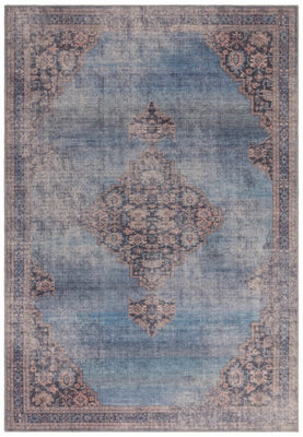Traditional Blue Persian Bordered Abstract Floral Easy To Clean Rug For Living Room Bedroom & Dining Room-120cm X 170cm