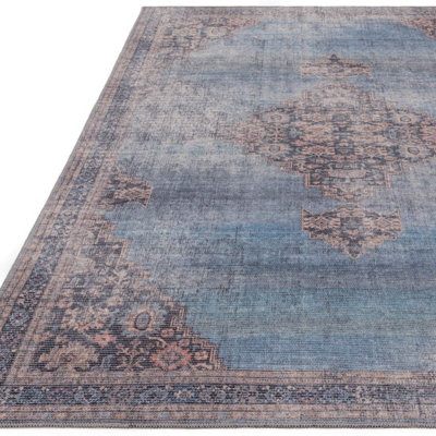Traditional Blue Persian Bordered Abstract Floral Easy To Clean Rug For Living Room Bedroom & Dining Room-160cm X 230cm