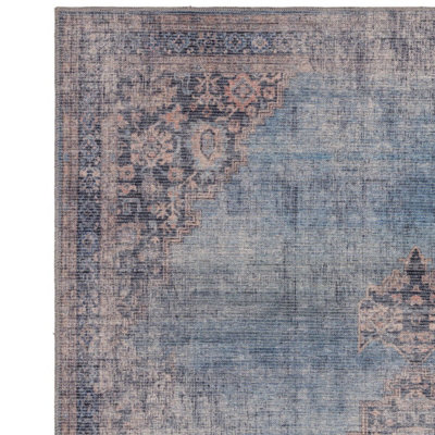 Traditional Blue Persian Bordered Abstract Floral Easy To Clean Rug For Living Room Bedroom & Dining Room-160cm X 230cm