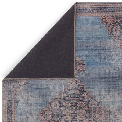 Traditional Blue Persian Bordered Abstract Floral Easy To Clean Rug For Living Room Bedroom & Dining Room-160cm X 230cm