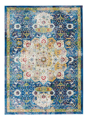 Traditional Blue Rug, Stain-Resistant Floral Rug, Anti-Shed Rug for Bedroom, Living Room, & Dining Room-122cm (Circle)