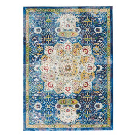 Traditional Blue Rug, Stain-Resistant Floral Rug, Anti-Shed Rug for Bedroom, Living Room, & Dining Room-122cm (Circle)