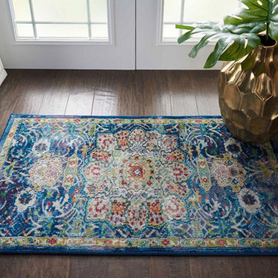 Traditional Blue Rug, Stain-Resistant Floral Rug, Anti-Shed Rug for Bedroom, Living Room, & Dining Room-183cm (Circle)