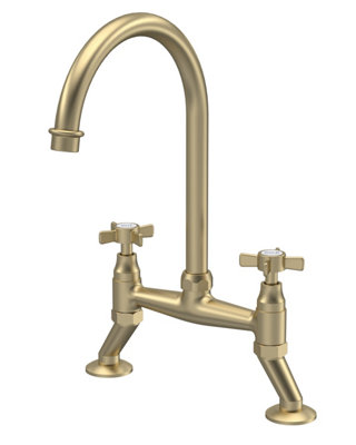 Traditional Bridge Mixer Kitchen Tap with Crosshead Handles - Brushed Brass