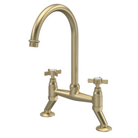 Traditional Bridge Mixer Kitchen Tap with Crosshead Handles - Brushed Brass