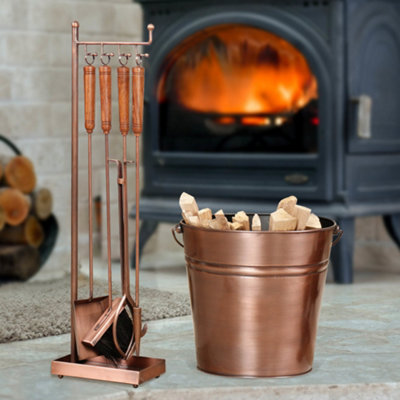 Traditional Brushed Copper Kindling Bucket with 5 Piece Fireplace Tool Set  | DIY at Bu0026Q