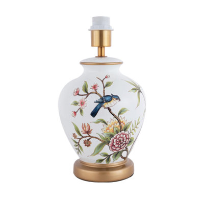 Traditional Ceramic Lamp Base in White Gloss with Coloured Birds and Flowers