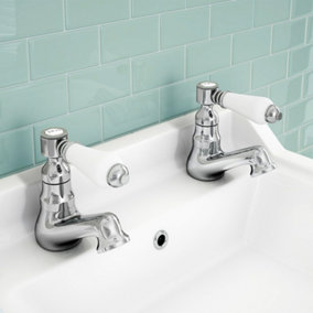 Traditional Ceramic Lever Hot & Cold Basin Sink Taps - Chrome Pair