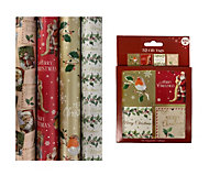 Traditional Christmas Gift Wrapping Paper 4 x 7M Rolls & Gift Tags Father Xmas