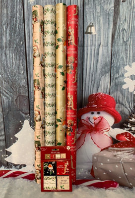 Traditional Christmas Gift Wrapping Paper 4 x 7M Rolls & Gift Tags Father Xmas